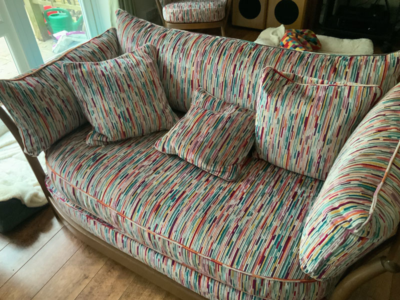 New Ercol sofa and scatter cushions, in a modern patterned chenille fabric