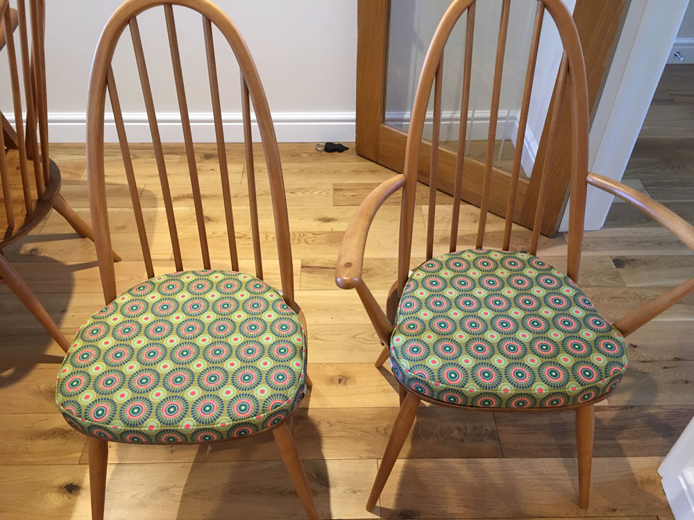 New Ercol dining chair cushions in a contemporary fabric
